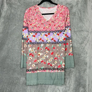 Amazon XL Shirt Top Pink Brown Floral Flower Striped Long Sleeve V Neck Womens